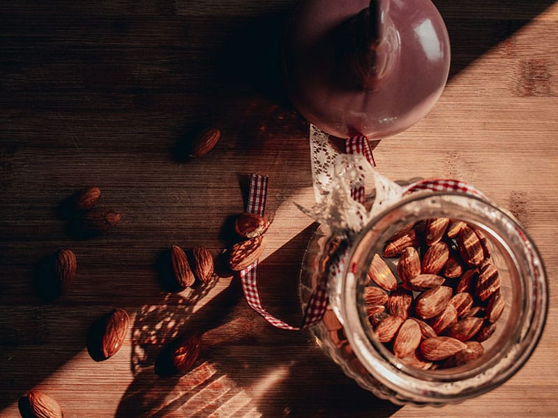 almonds on wooden table