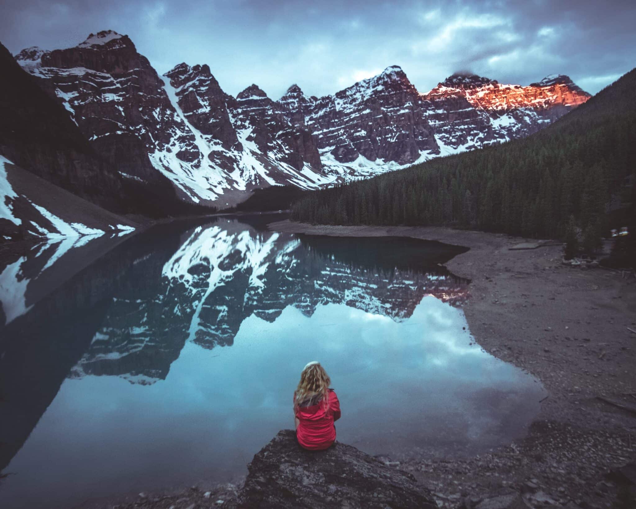 Mountains, lake and hiker