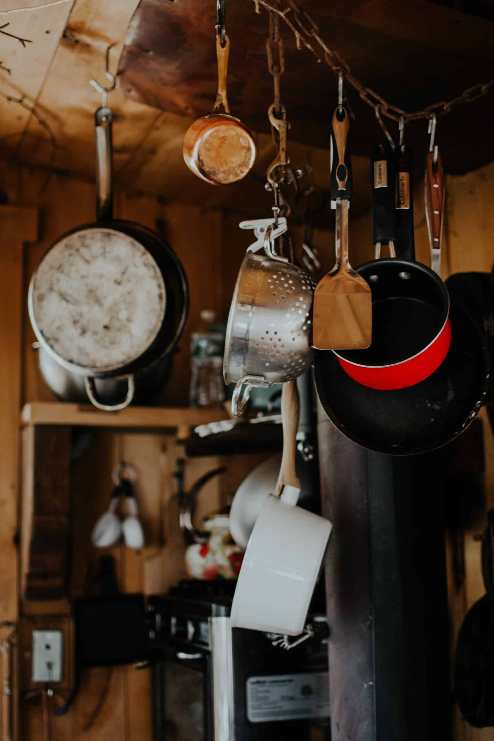 pots and pans in cabin in the woods