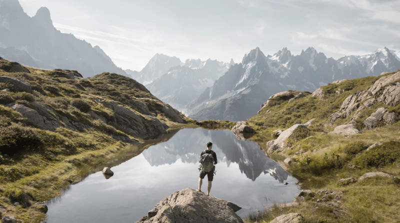 Man outdoors in mountains next to lake adventure