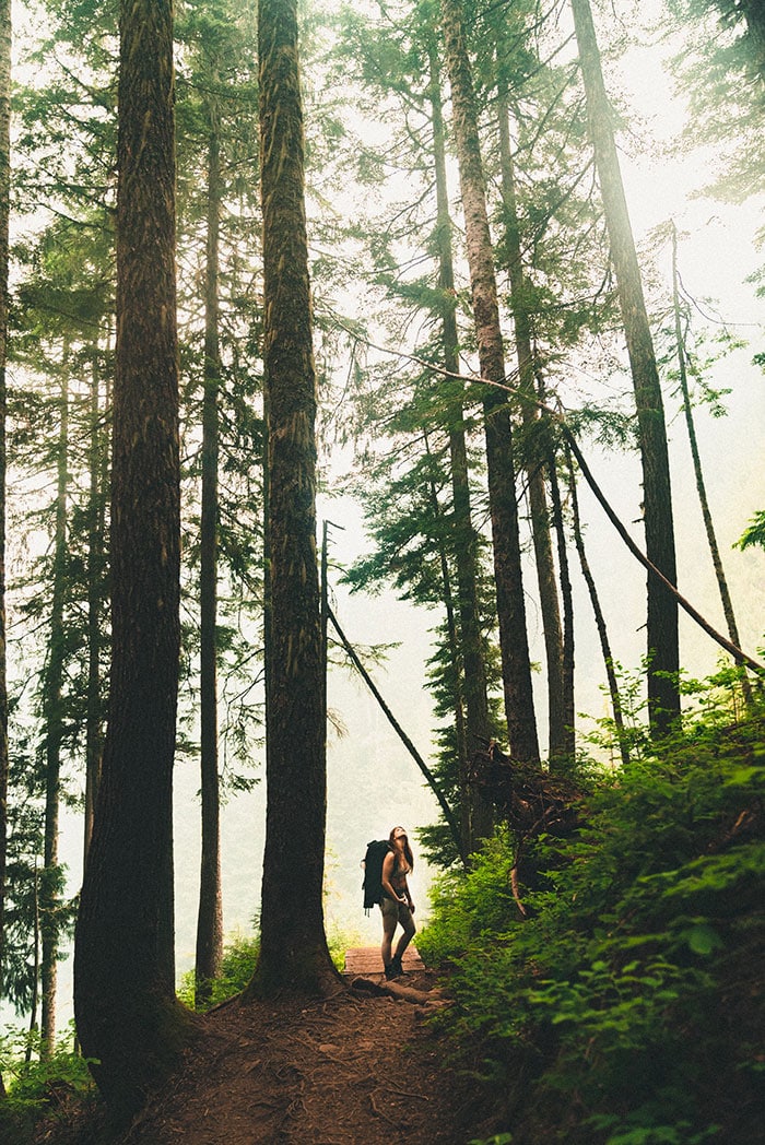 Woman walking beneath trees.