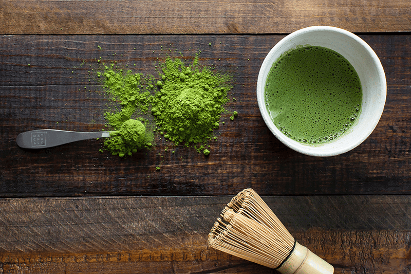 Matcha tea on wooden board