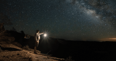 Man with LED camping lantern in night sky