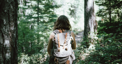 Woman with hiking apps and gear
