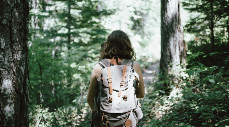 Woman with hiking apps and gear
