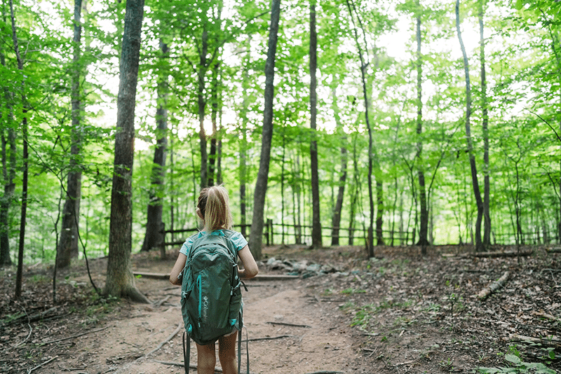 Girl with a rucksack in the woods.