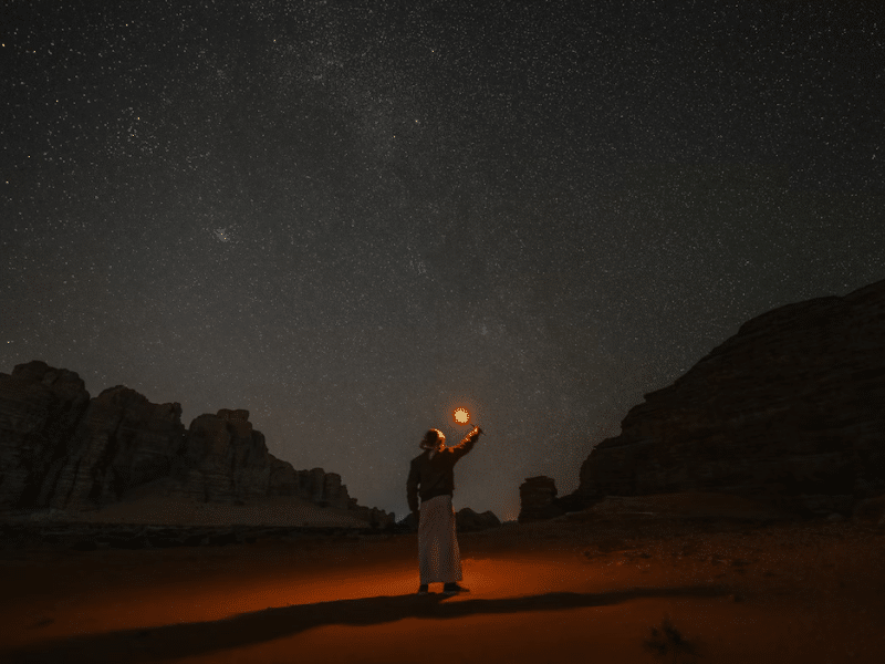 Desert hiking explorer at night